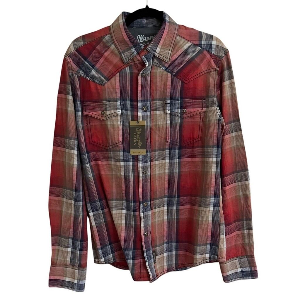 NWT Wrangler Retro Premium Men’s Small Plaid Western Snap Shirt Modern Fit